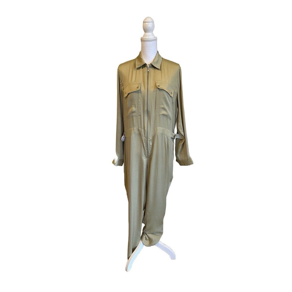 NEW ATM Anthony Thomas Melillo Womens L Jumpsuit Green Satin 2 Pockets Collared